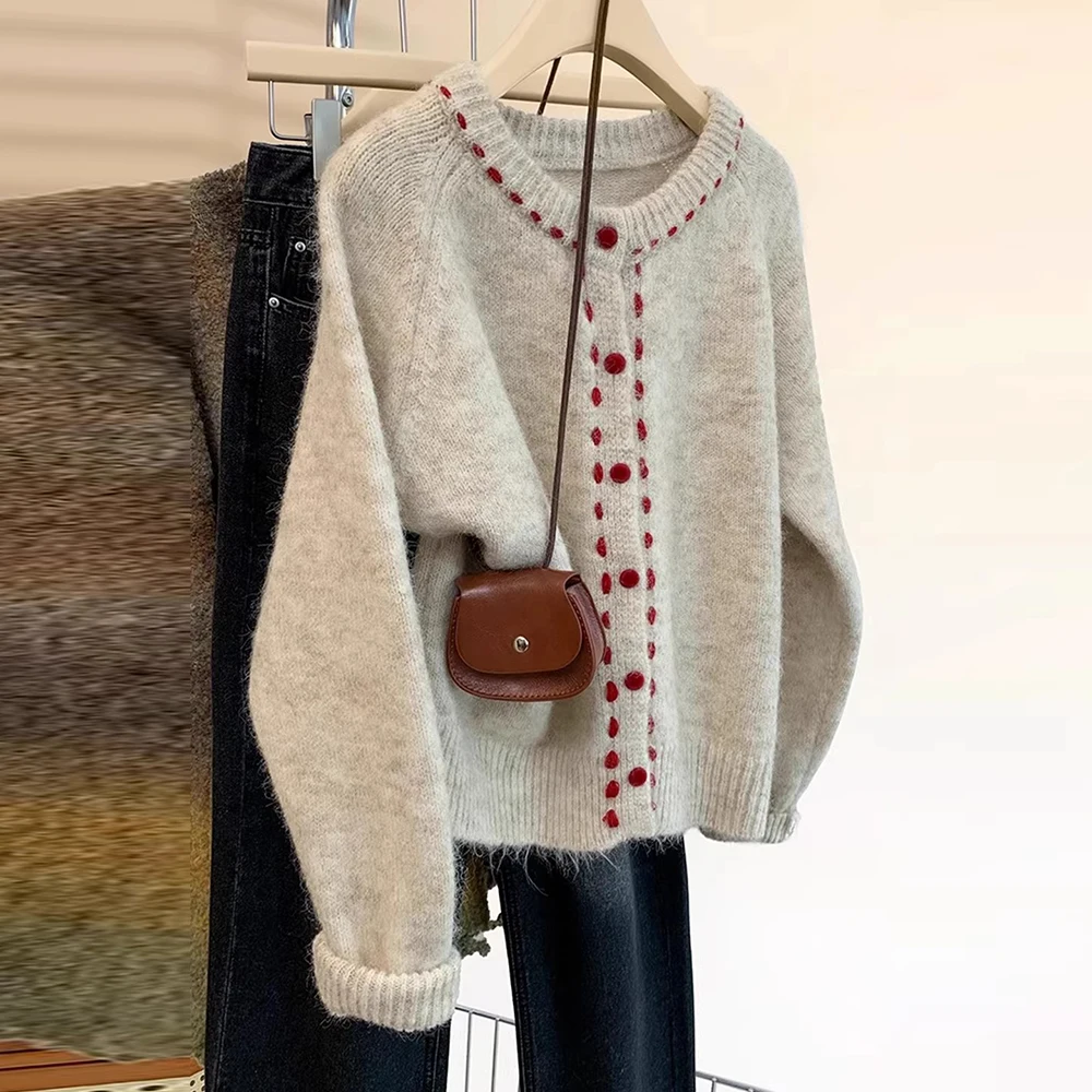 apricot puppy thickened round neck knitted cardigan women's autumn and winter new design wearing soft waxy sweater jacket