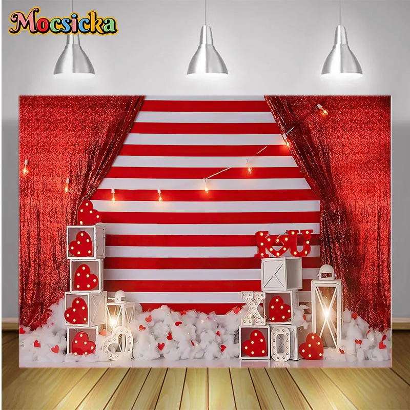 Valentine's Day Photography Background Red and White Stripes Curtain Sparkling Love Girls First Birthday Portrait Photo Backdrop