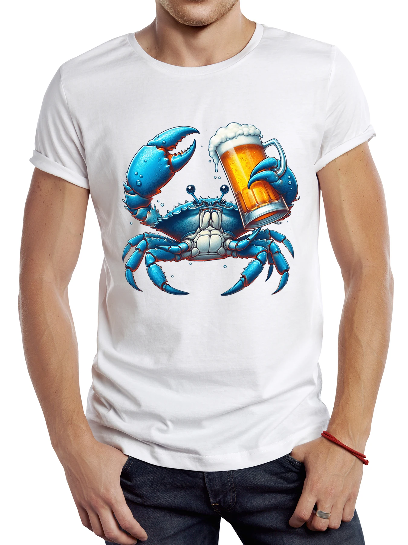 TEEHUB Vintage Funny Blue Crab Men T Shirt Casual Holiday Beer Male Tops Hipster Retro Crab Drink Beer Printed Tee