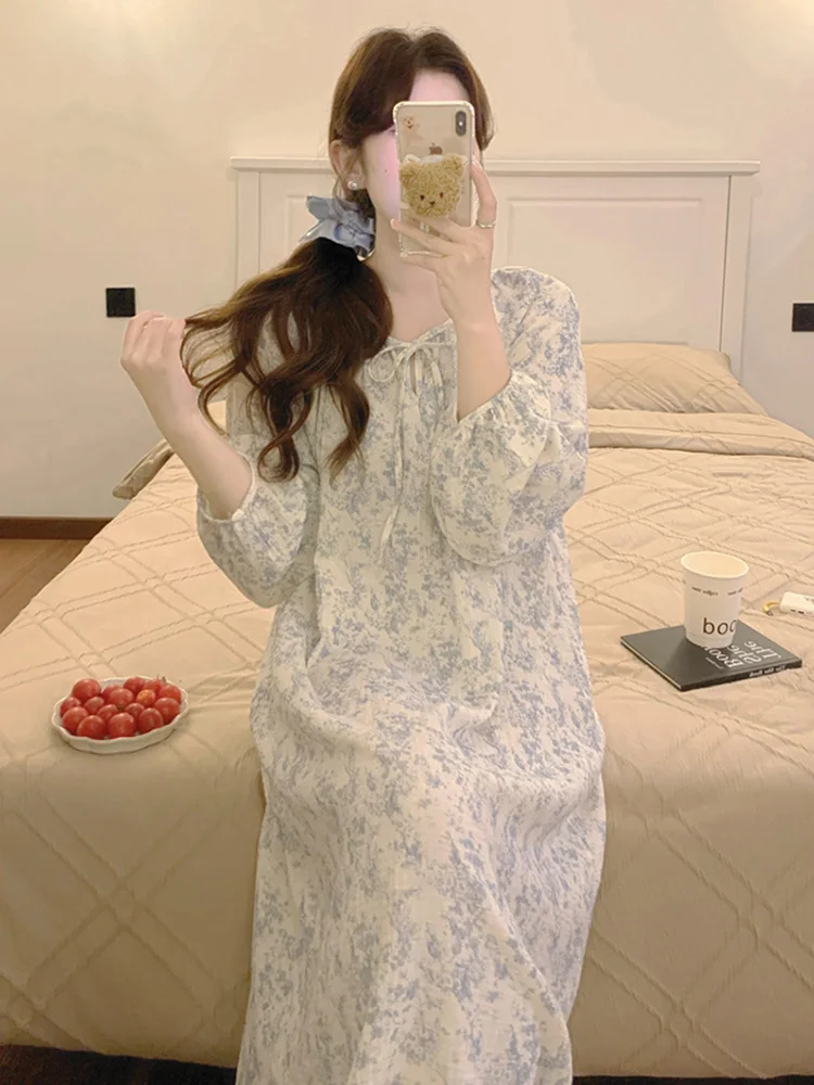 Lace Lazy Home New Cute Sweet Print Autumn Long Sleeve NightDress Women Korean Style  Loose Ink and wash  Comfortable Sleepwear