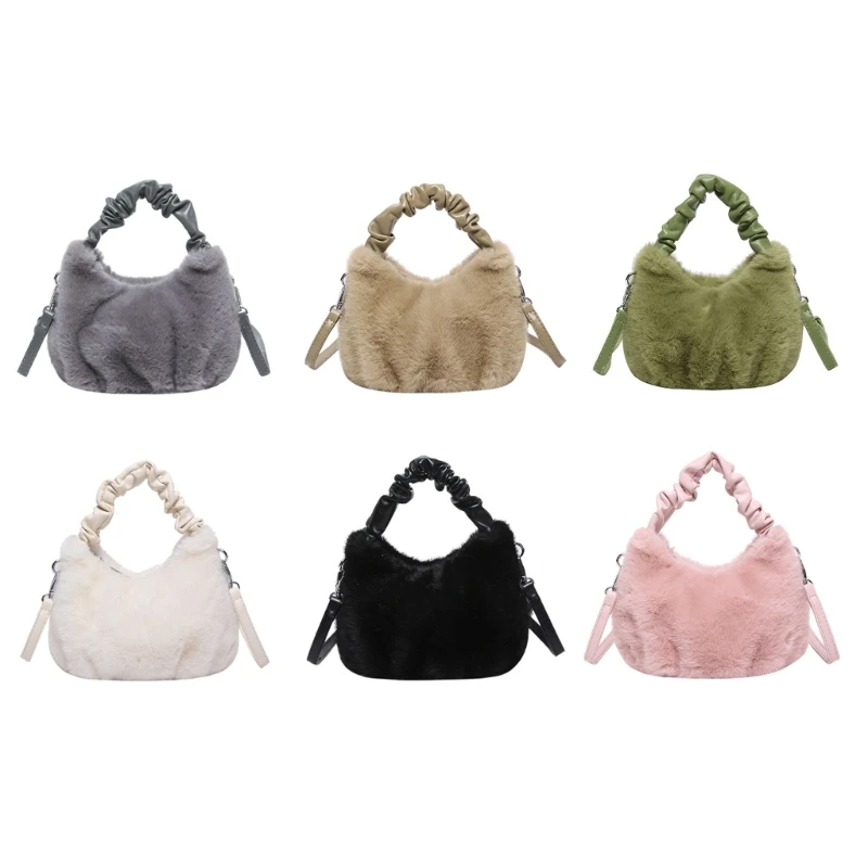 Women Furry Plush Handbag Pleated Handle Shoulder Bag with Adjustable Strap