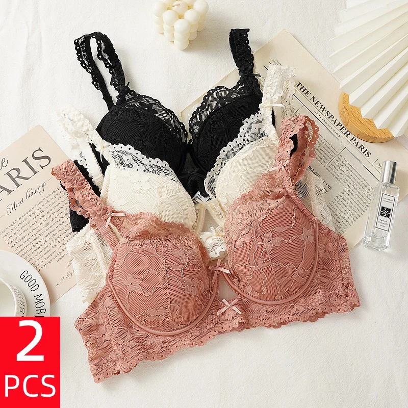 Lot de 2 soutiens-gorge sexy français en dentelle à nœud pour femmes, fins, ajourés, anti-affaissement, confortables, sans coutures, effet push-up