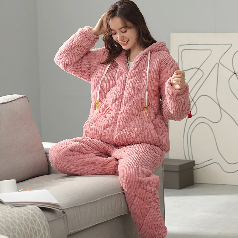 Couple Pajamas Set Men Women Hooded Pyjamas Male Female 3 Layer Clip Cotton Home Suit