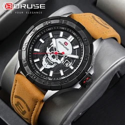 BORUSE Mens Watches Top Brand Luxury High Quality Leather Sport Waterproof Date Quartz Watch for Men Relogio Masculino