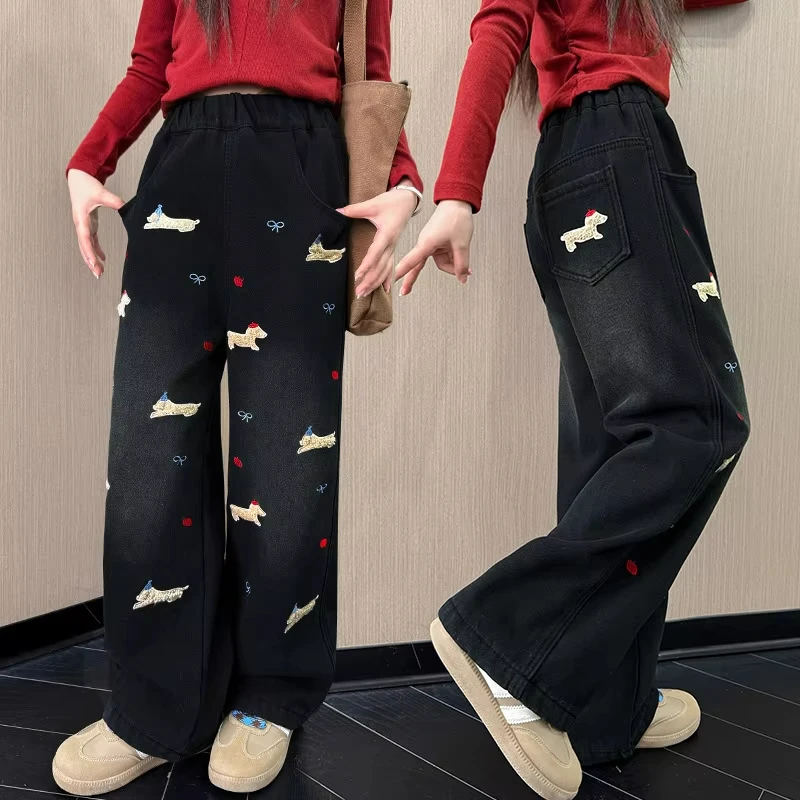 2025 New Spring&Autumn Girls Jeans Teenage Children Foreign Style Straight Denim Pants Towel Embroidered Kids Wide-leg Trousers