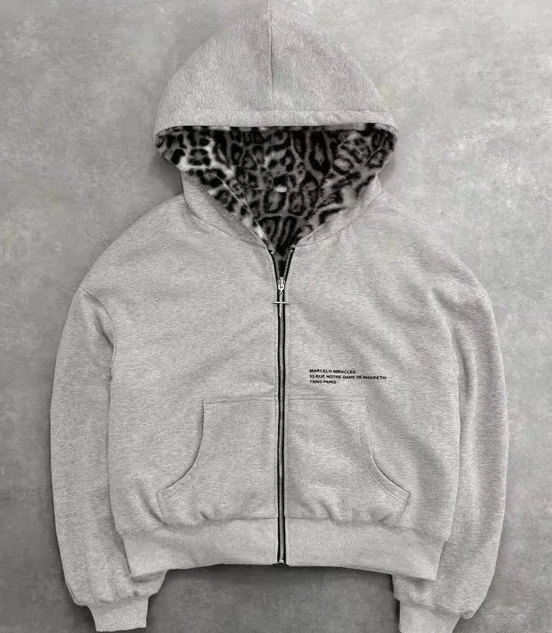 

New Style Autumn Winter Men's Loose Fit Hoodie High Quality Double Sided Leopard Print Zipper Sweatshirt Comfortable Wearable