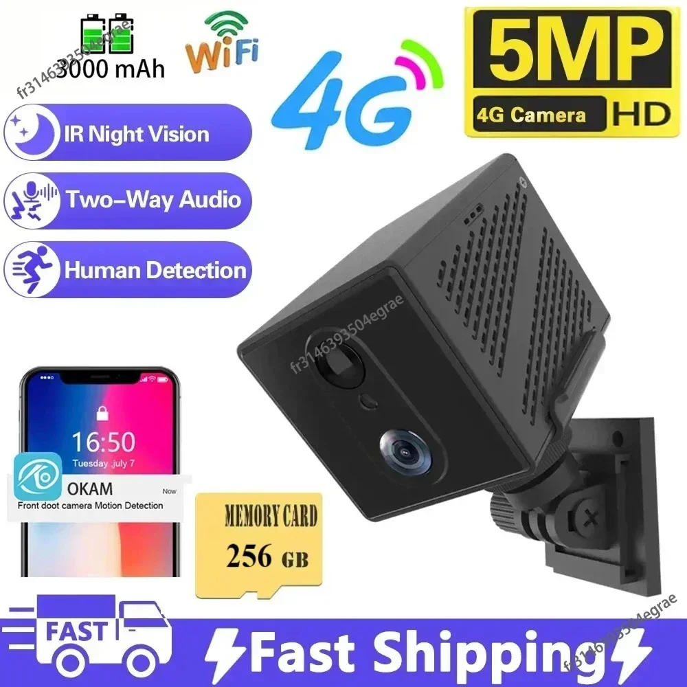 

256/64 ГБ 4G SIM-карта Мини-камера 5MP 3000 мАч Батарея Беспроводная Wi-Fi Ночное видение Обнаружение движения CCTV Двусторонняя голосовая IP-камера