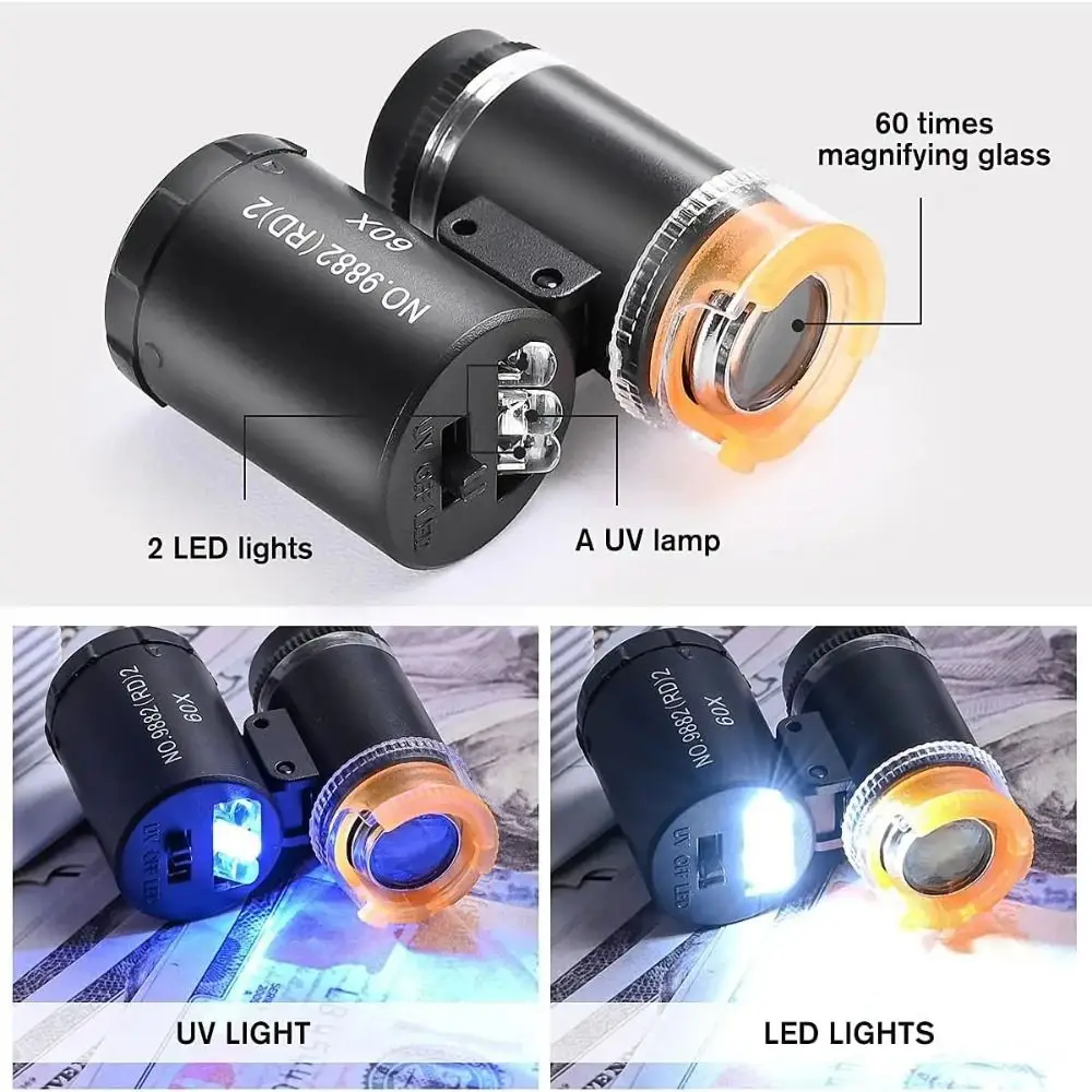 Portable 60X Mini Pocket Microscope Identification Antique Handheld Magnifying Glass LED UV Light