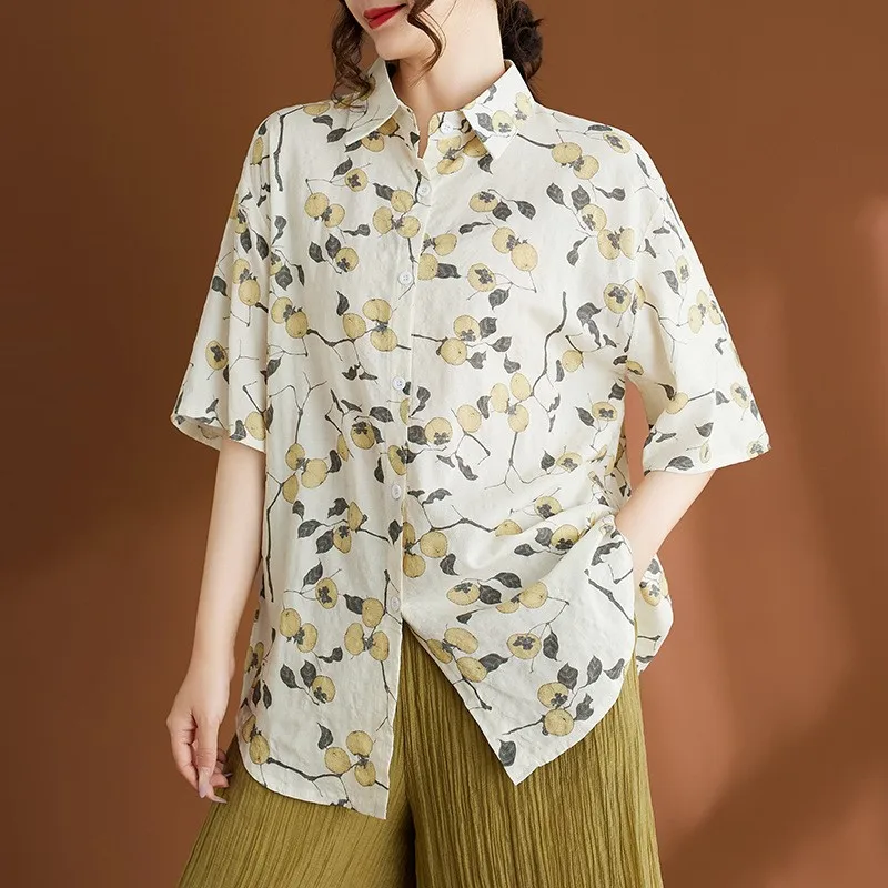 

Johnature Casual Loose Lapel Print Women Blouse 2025 New Simple And Comfortable Thin Versatile Shirts