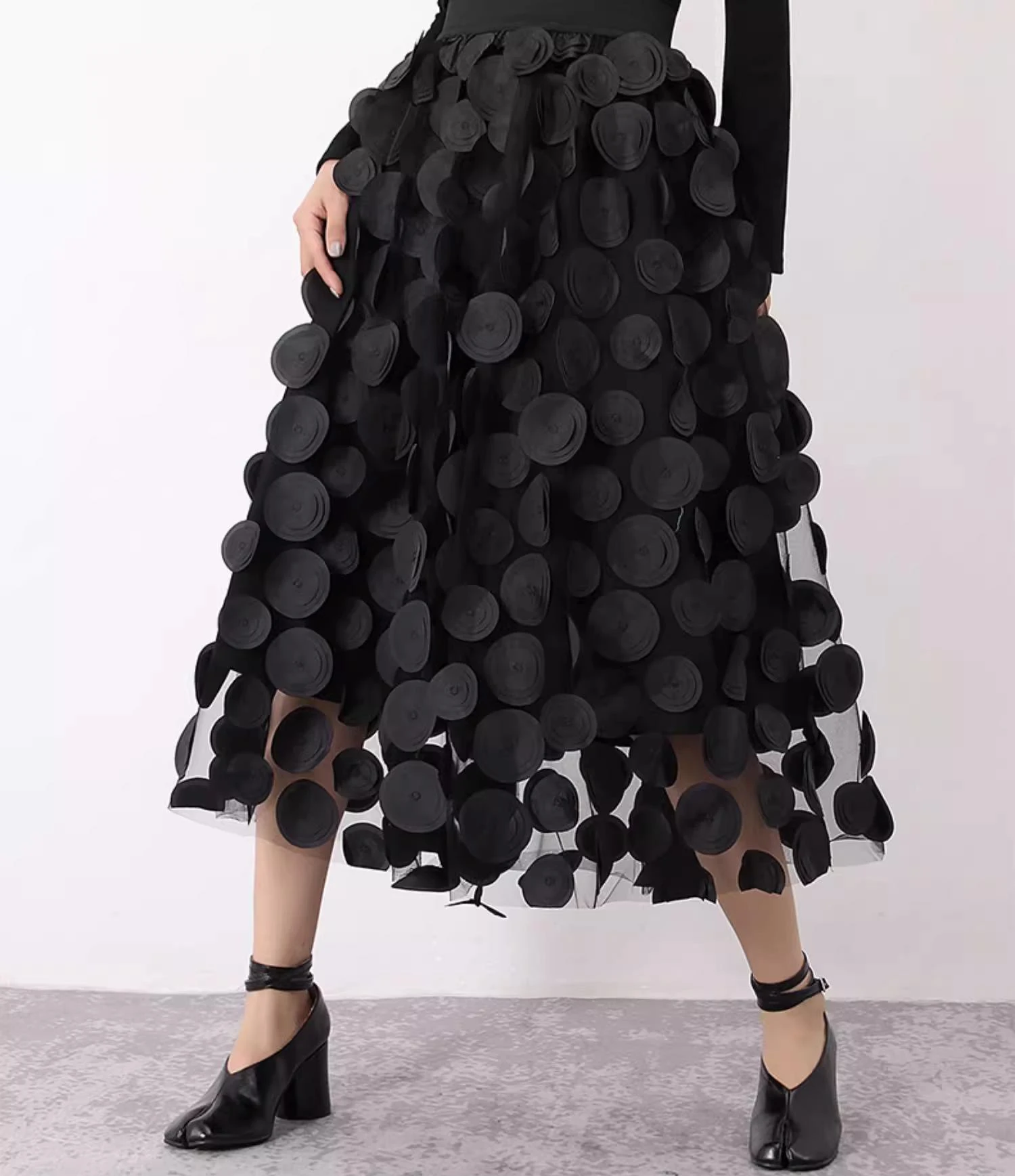 Women Polka Dot 3D Design Fashion Black Tulle Long Skirt for Women Elegant Vintage A Line High Waist Midi Skirt Female