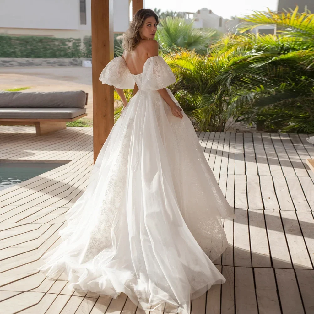 Gaun Pengantin Tanpa Tali Elegan Kustom Gaun Pengantin Lengan Puff Renda Bunga Tulle A Line Buka Kembali Vestidos De Novia