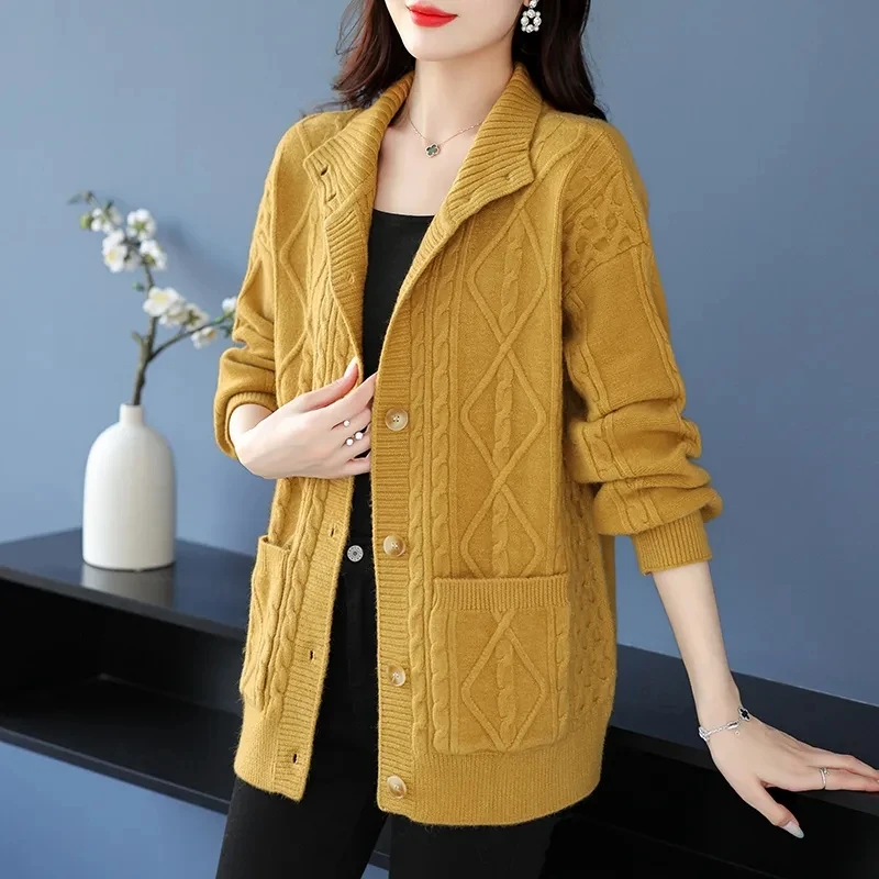 Women Knit Sweater Cardigan Coat Korean Thick Lapels Knitwear Strickjacke Spring Elegant Mom Jacket Loose Vintage Outwear New