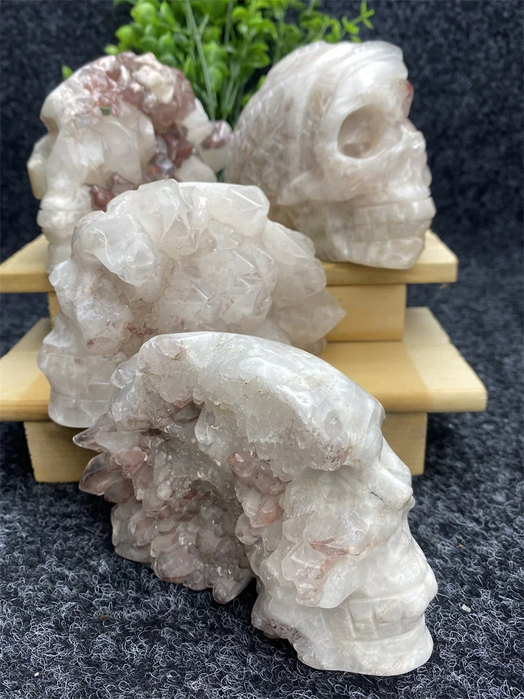 

Miraculous Natural White Crystal Plus Red Crystal Cluster Hand Carved Skull Quartz Mineral Specimen Healing Home Decor R