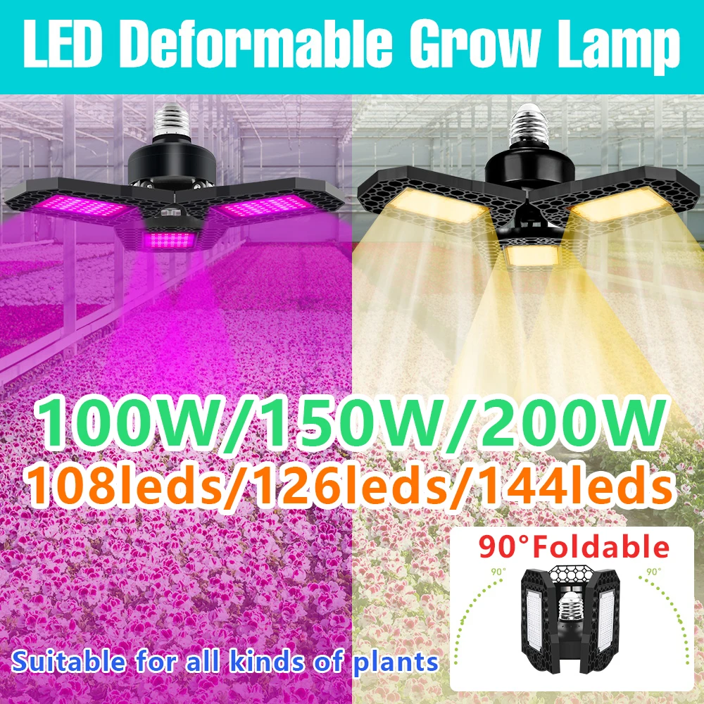 LED Plant Grow Light Bulb 200W Deformable Hydroponic Growing Lamp Cultivation Growth Lamp Full Spectrum 3Panels E27/E26
