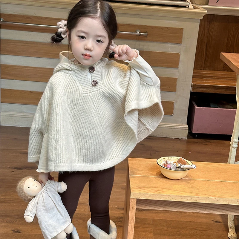 2024 Kids Autumn Cape Cloak Babys Girls Solid Knit Wool Jacke Children Casual Loose Tops Cute Girls Coat Clothes for 2-7 years