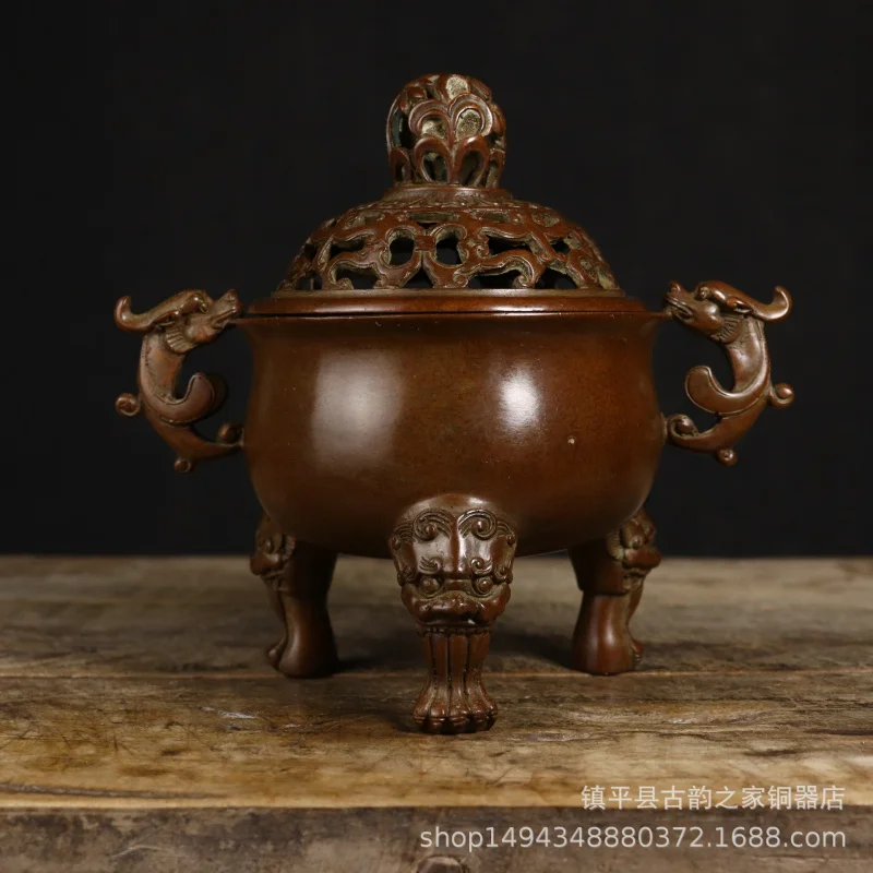 Pure Copper Dragon Ear Three-Legged Display Piece Incense Burner Decoration Office Living Room Shop Study Craft G