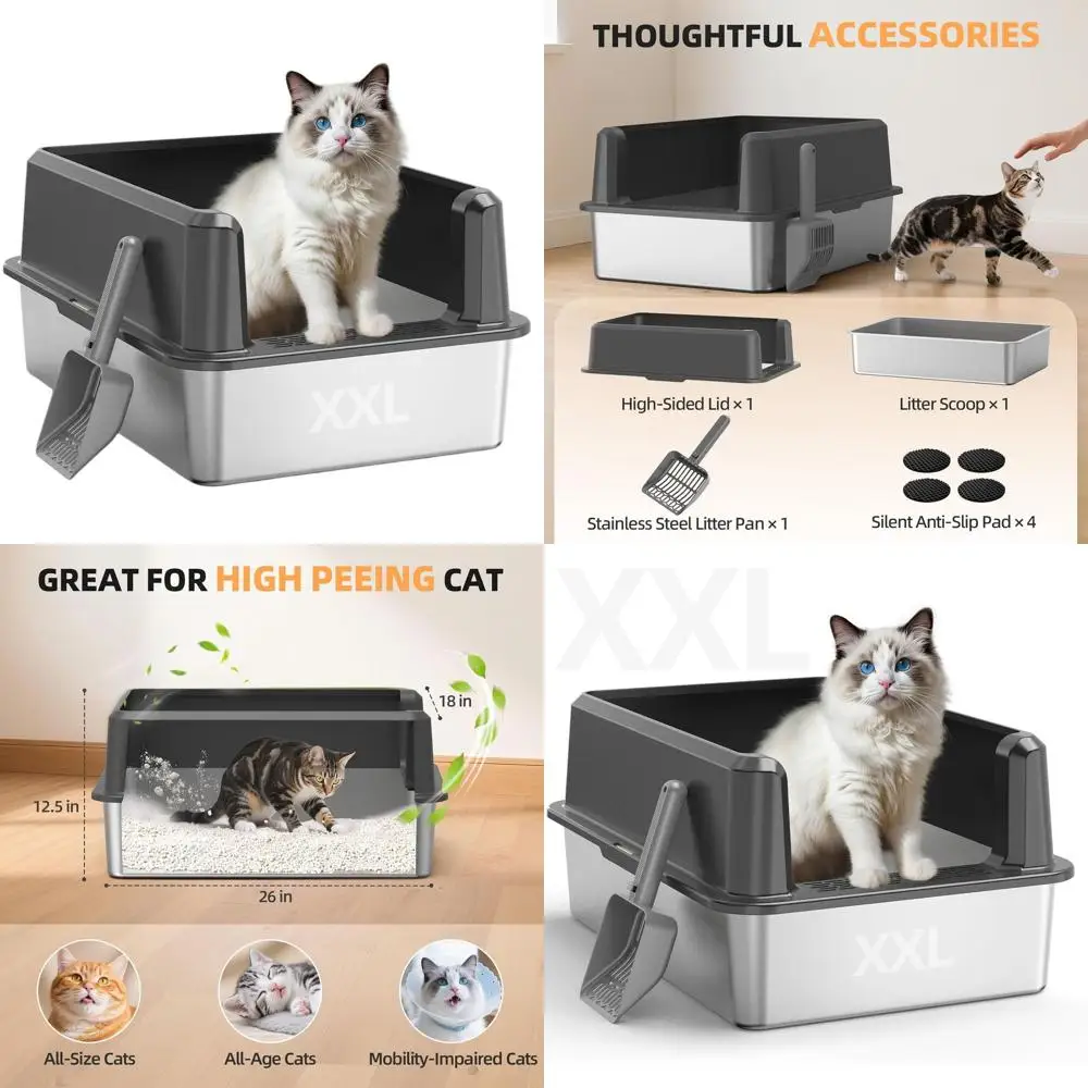 

Очень большой лоток для кошек из нержавеющей стали с крышкой, высокие бортики, металлическая поддон-корзина, защита от запаха и протекания, в комплекте совок