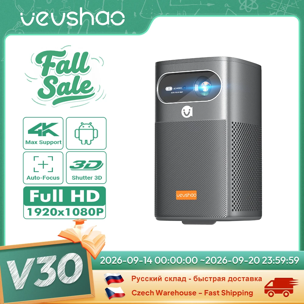 Vevshao V30 3D 4K Mini Projector Cinema Smart Android WiFi Portable 1080P Home Theater Video LED DLP Projector with Battery
