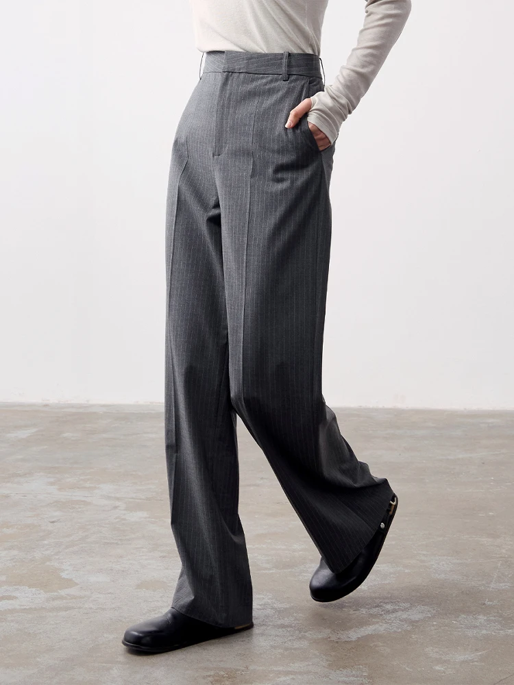 

MeeMeeLab Original Gentleman Ele Striped Micro Elastic Easy Care Straight Leg West Pants Long Trousers Commute Sle