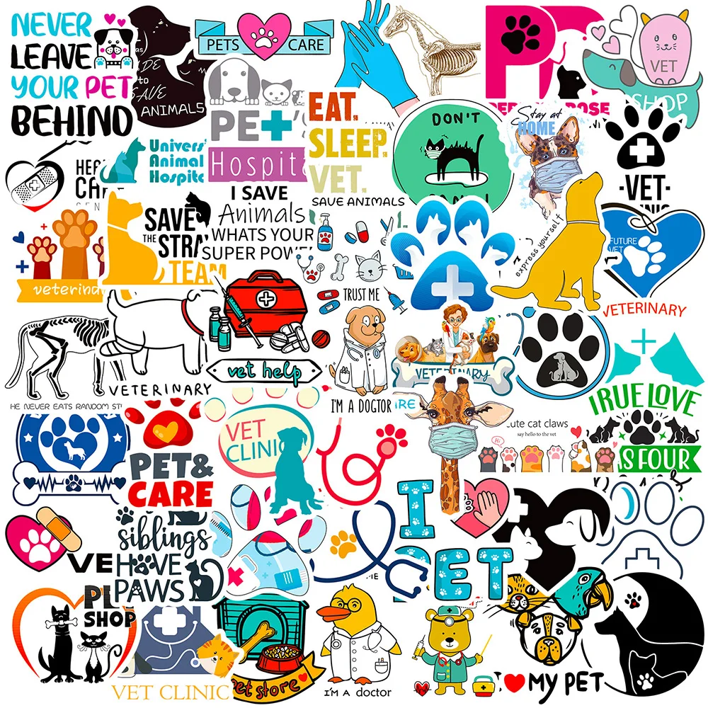 10/30/50PCS Cartoon Veterinari Cute Animal Stickers Funny Decal Kid Toy Gift DIY Fridge Luggage Skateboard Car Sticker Wholesale