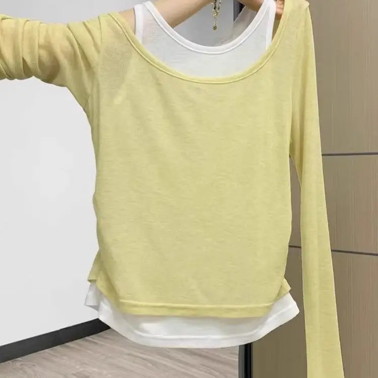 New Women's Autumn and Spring Fitted Slimming Korean-style Design Sense Fake Two-piece Color-block Long-sleeve T-shirt