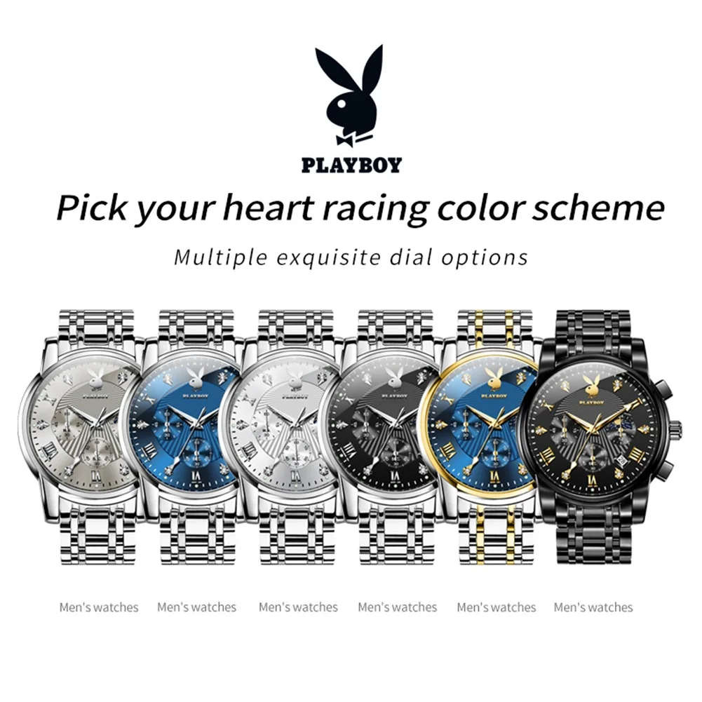 PLAYBOY Top Brand Casual Men Watch Original Stainless Steel Waterproof Quartz Watches for Men High Quality Trend Wrist Watch Men