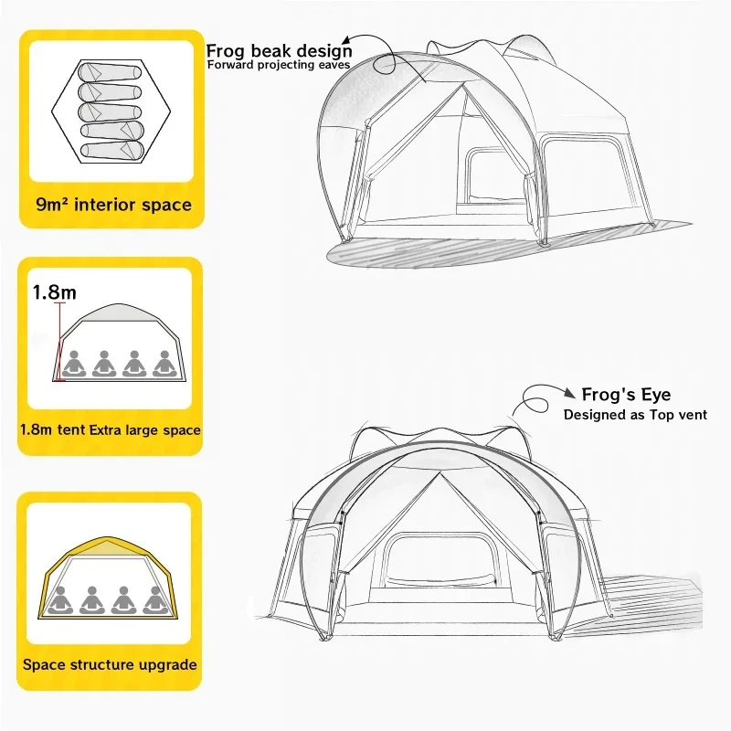 Hexagon Tent Outdoor Bionic Design Huge Frog Tent Rainproof Double Layer Pop Up Tent Portable Folding Tent for 5-8 Person