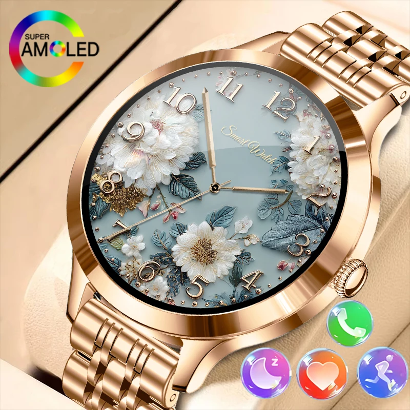 

Fanwear new ladies smart watch stainless steel 1.04 inch AMOLED HD display information calls to remind fashion sports health