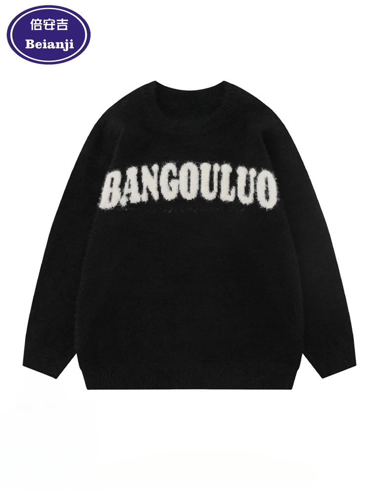 

Beianji sweater American letter jacquard couple autumn/winter vintage imitation mink hair lazy casual crewneck sweater