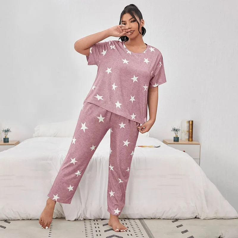 New Lady's Loungewear 콘티넨탈 스타일 반소매 옵션 잠옷 세트 전체 길이 스타 프린트 바지 캐주얼 홈웨어 2pc 세트