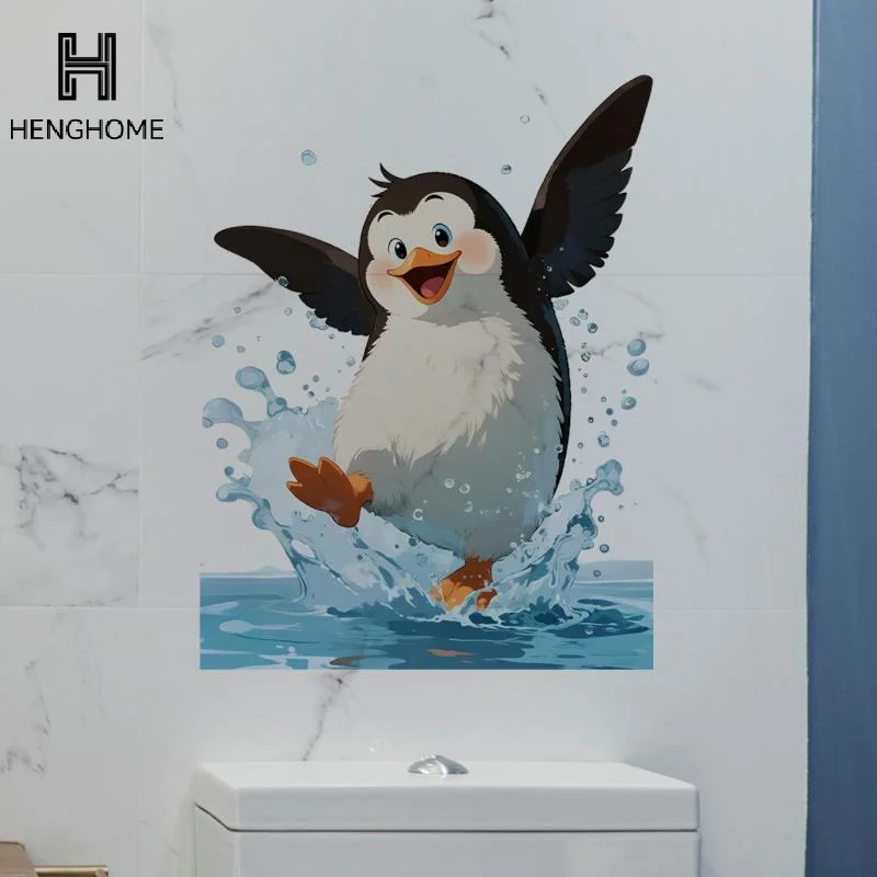 Cute Water Play Penguin Pattern Decorative Toilet Stickers,Suitable For Toilet Lid,Glass,Cabinets,Bathroom And Other Decorative