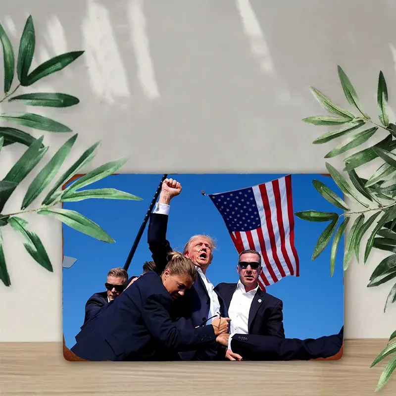 1PC Metal Aluminum sign of Trump being shot while delivering a speech at a campaign rally, artwork for mural office wall decor