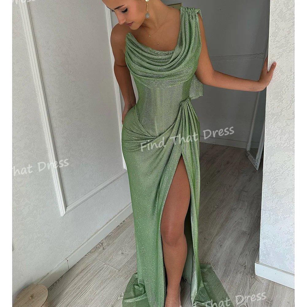 

Custom Made Glamorous Strapless Pleated Tiered Glitter Sequins Party Gown Sexy Mermaid Side Split Backless Prom Dress with Train