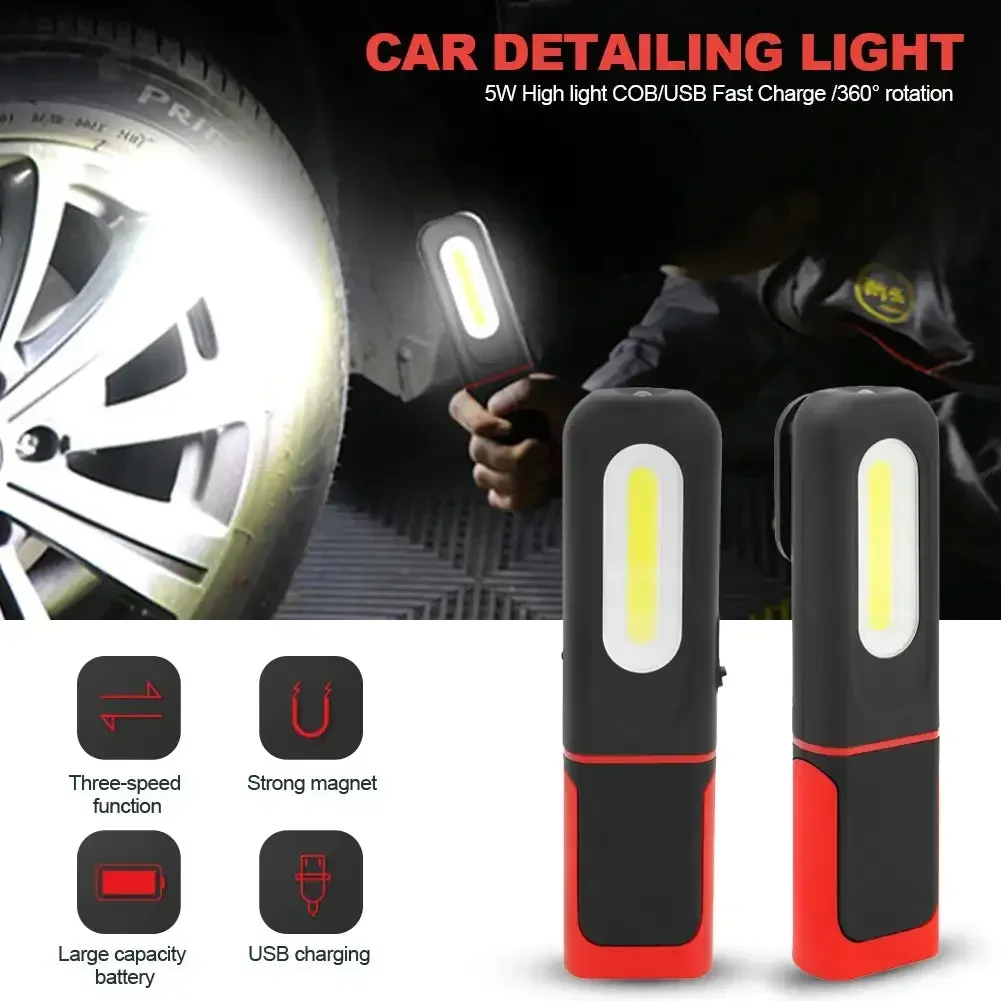 1PC Portable USB Rechargeable COB Work Light Car Detailing Inspection Light Magnetic LED Flashlight Hanging Lamp Camping Torch