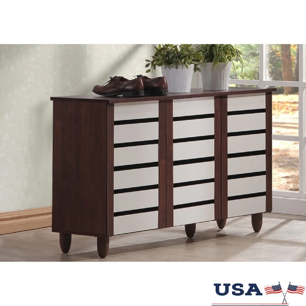 

Modern Two-Tone Shoe Cabinet with 3 Doors Engineered Wood Storage Unit Magnetic Closure Indoor Organizer Holds 14 Pairs of Shoes