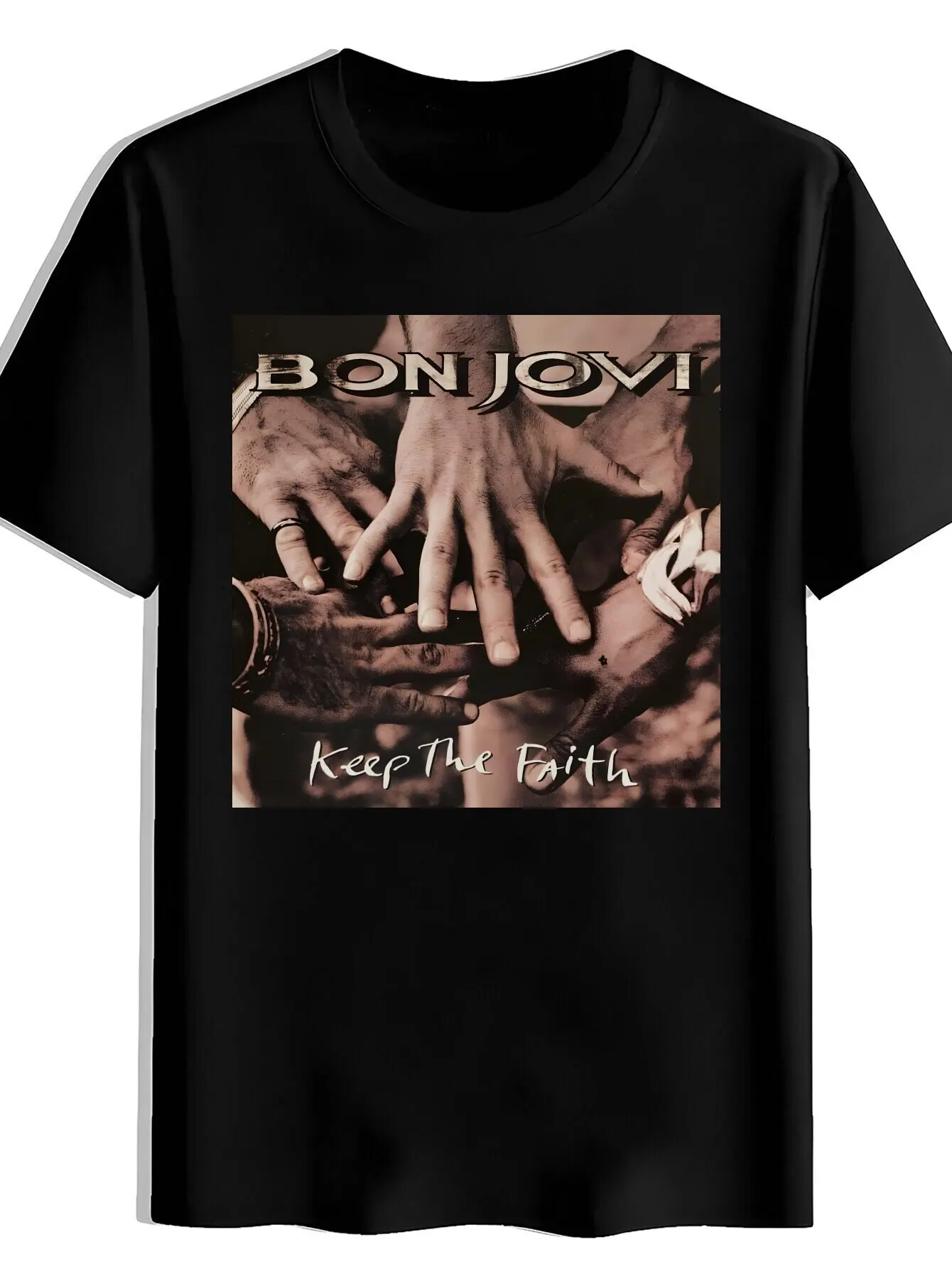 Men's Retro Rock Band Pattern T-shirt - Bon Jovi Stay Faith Casual Short Sleeve Summer T-shirt Strap T-shirt
