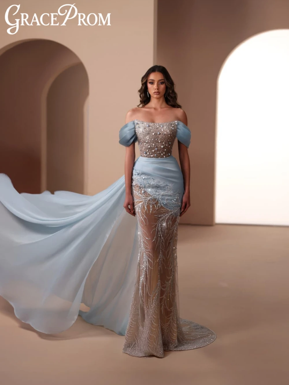 ชุดราตรีปักมุกยาวหรูหรา ดีไซน์เปิดไหล่ทรงเมอร์เมด สำหรับงานแต่งงาน งานเลี้ยง ปี 2026 ชุดออกงานพรอมแบบสั่งตัดใหม่