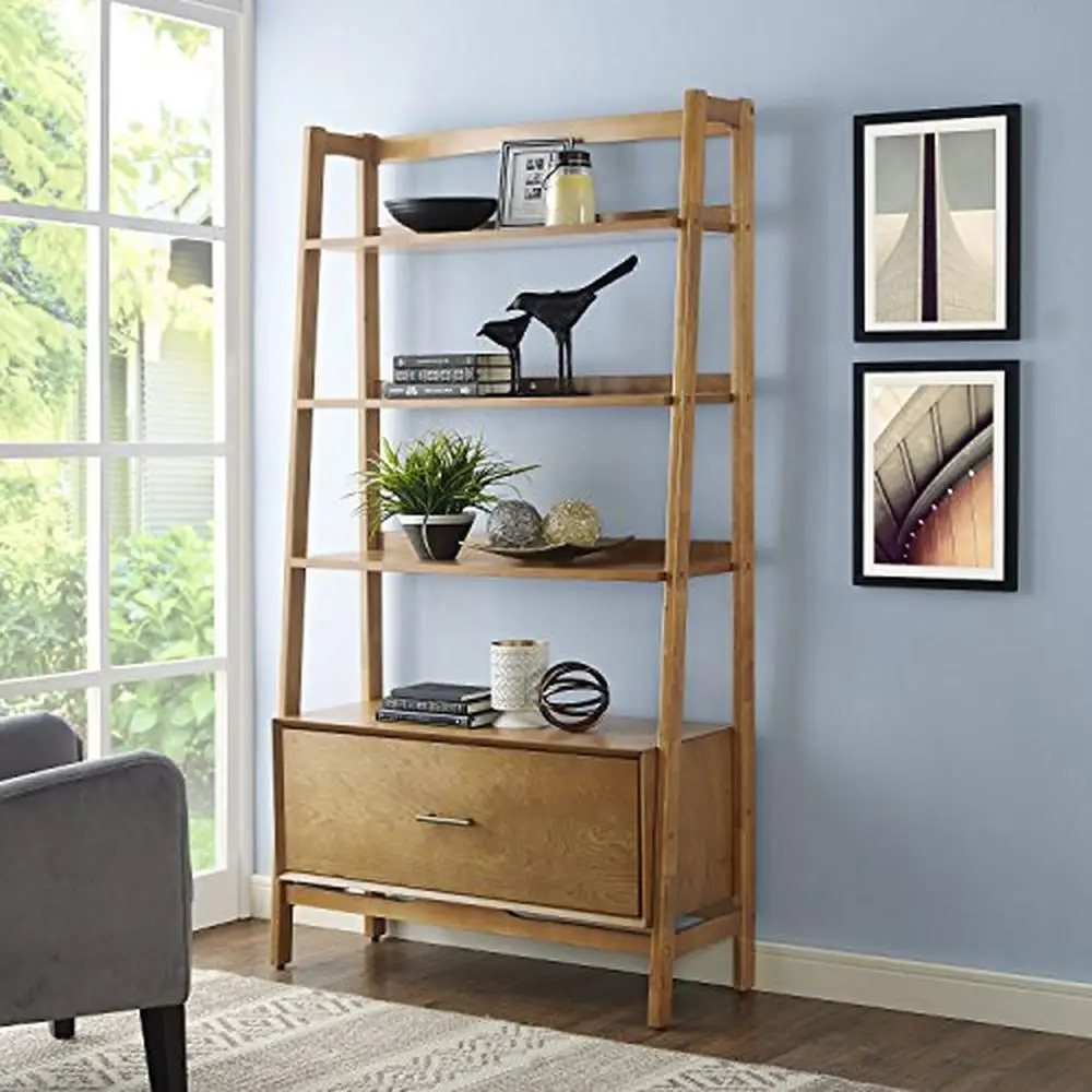 Large Etagere Bookcase Acorn Mid-Century Design with File Cabinet Drawer Modular Storage Solution Rustic Farmhouse Decor Sturdy