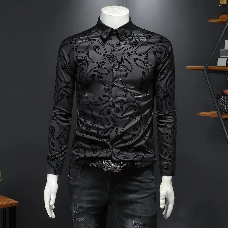 Graffiti Fall 2023 Men Flocking Casual Shirt Men Long-sleeved Shirt 5xl Men Trend Brand Business Vestido Social Club Dress Shirt