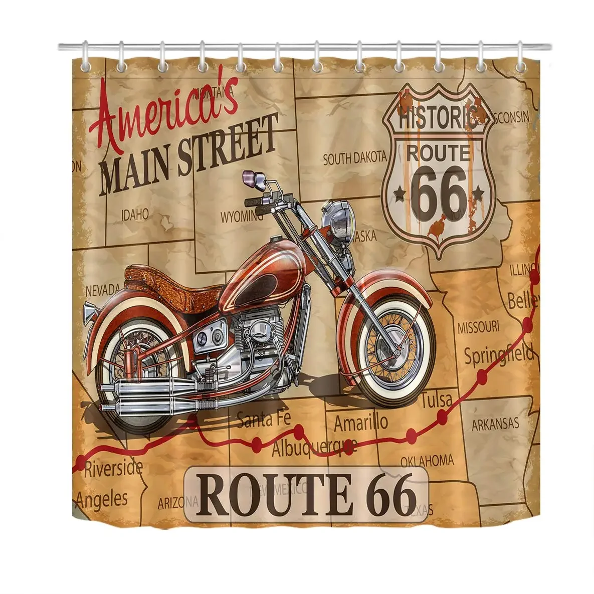 Route 66 Decor Vintage Riding Tools on The American Street Artwork Shower Curtain