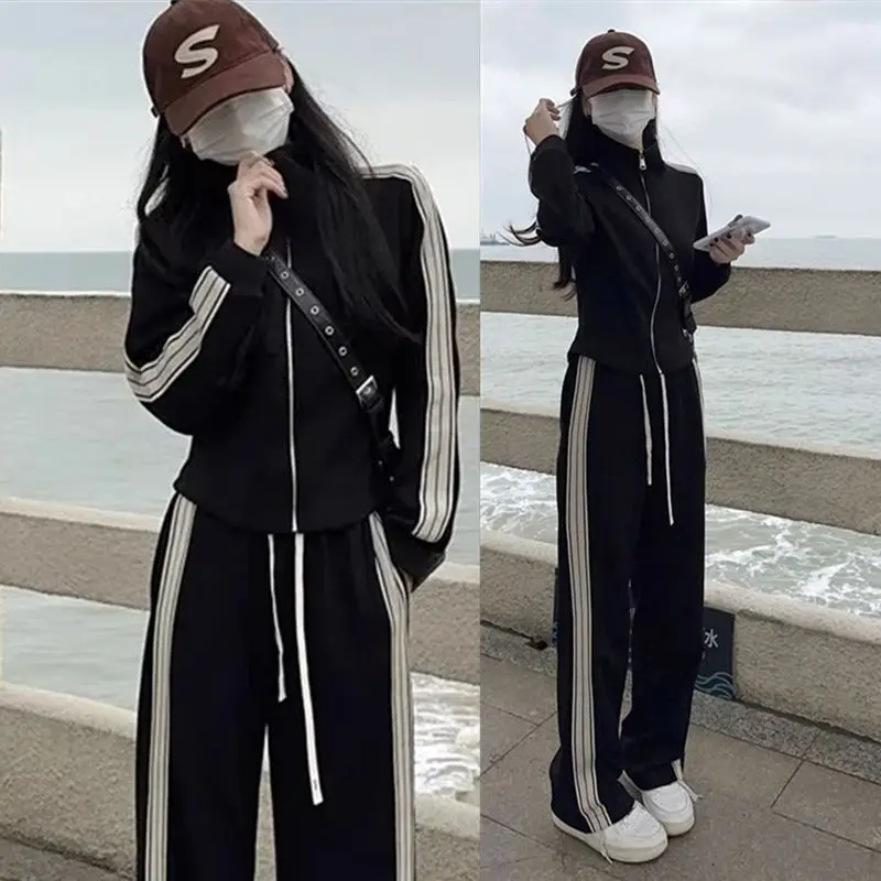 Korean Version Women\'s Sportswear Set Spring Autumn New Wide Leg Pant+Zipper Coat Casual Loose Sports Two-piece Set for Women