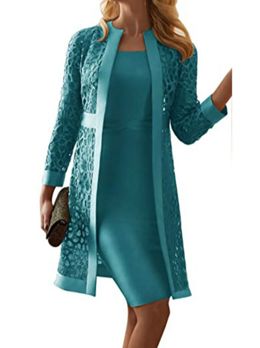 Fashion Lace Long Coat & Dress Set Woman Y2K Autumn Winter Elegant Lady Dresses 2 Piece Outfit Set