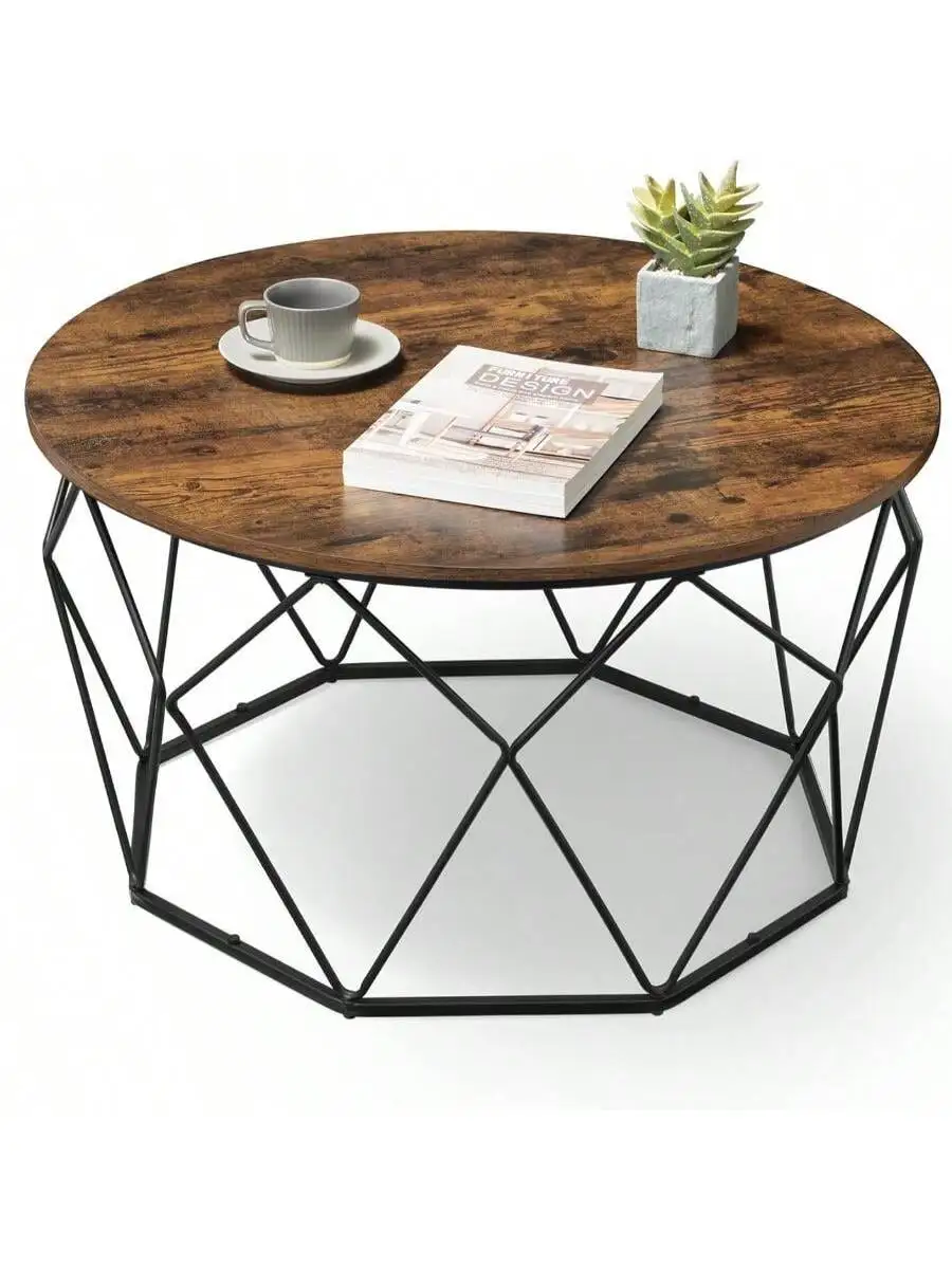 

VASAGLE Round Coffee Table For Living Room, Cage Cocktail Table With Steel Frame, 31.5 Inches Dia., Industrial Style, Rustic