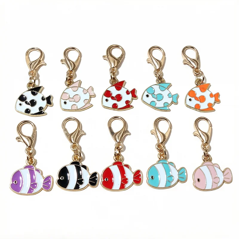 10pcs Enamel Fish Charms Pendant with Lobster Clasp Keychain Necklace Bracelet DIY Jewelry Making Accessories Findings