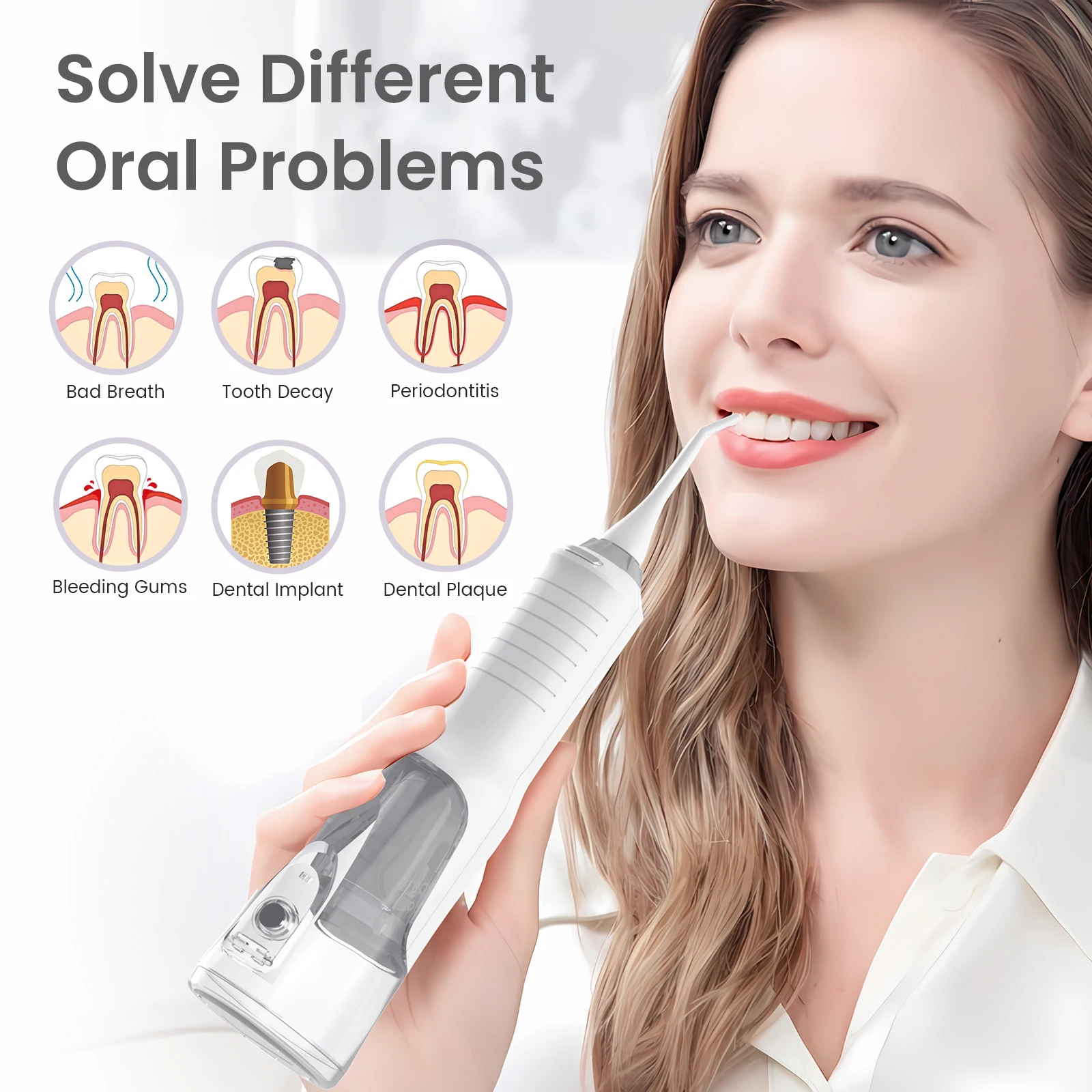 

Oral Irrigator Portable USB Rechargeable Dental Water Flosser 1800mA Water Jet Floss Tooth Pick 5 Jet Tip 270ml 5 Modes IPX7