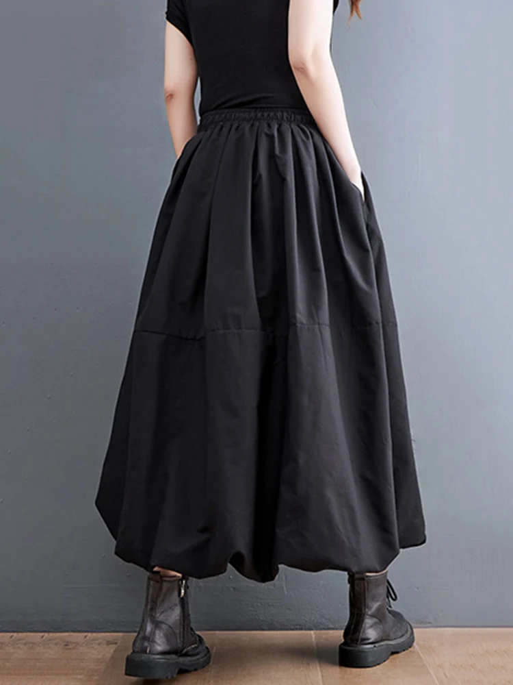 Black Vintage High Waist Pleated Skirt Women Fashion Plus Size Drawstring Loose Casual Long Skirts Clothing Spring Autumn 2025