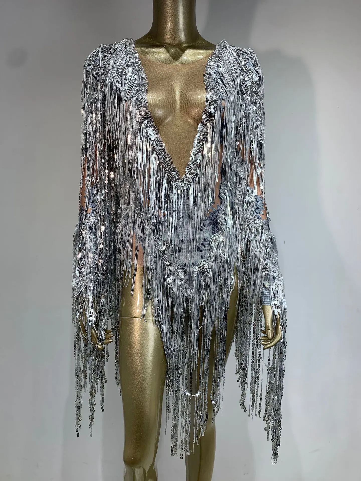 2025nova chegada lantejoulas borla sexy sheer malha bodysuit para bares e discotecasdjstage lantejoulas desempenho traje