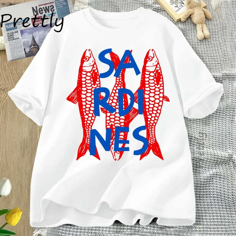 تي شيرت جرافيك من Sardines تي شيرت عصري على شكل سمكة كاجوال بأكمام قصيرة من القطن تي شيرت ملابس الشارع الشهير برقبة دائرية تي شيرت رائع #4