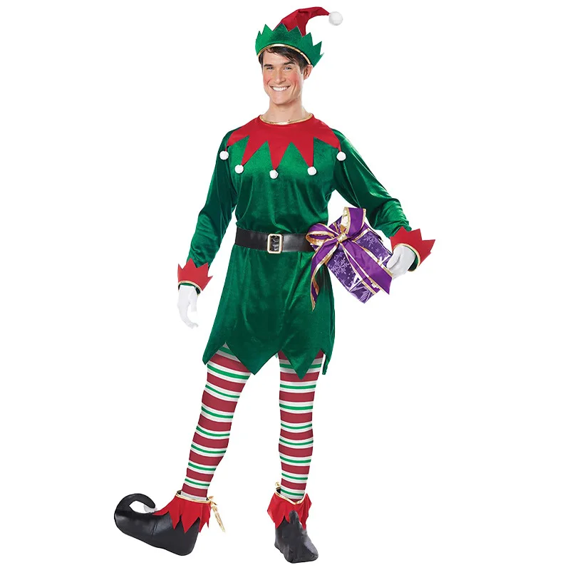 Deluxe Santa Claus Christmas Green Elf Cosplay Costume Xmas Carnival Fancy Party Dress Couple New Year Clothes Set For Women Men