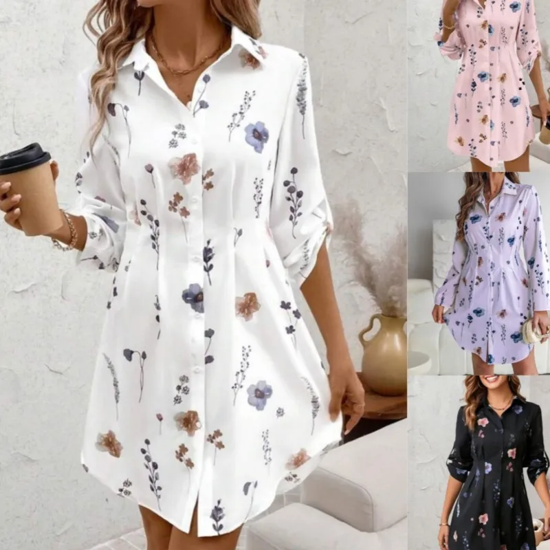 여성 셔츠 드레스 가을 캐주얼 신상 우아한 플로럴 프린트 라펠 긴팔 슬림 웨이스트 미니 드레스 여성 셔츠 베스티도스